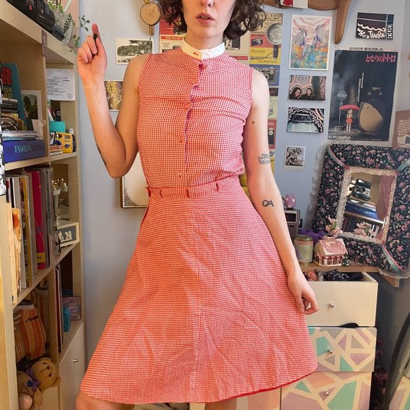 50s gingham plaid Honeylane XXS plaid circle skirt, sleeveless shirt, and bib! - Picture 4 of 16